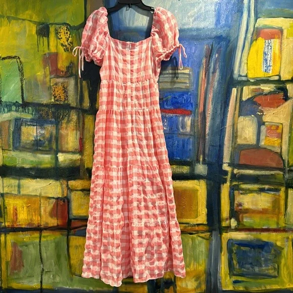English Factory Gingham Knot Tiered Cotton Blend Midi Dress small - Picture 3 of 9